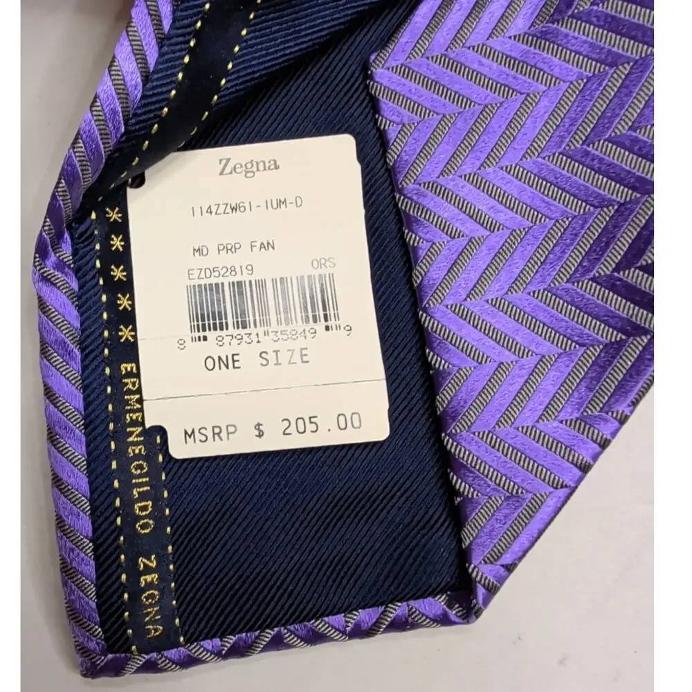 NWT Ermenegildo Zegna Italian Silk Necktie Purple Gray Chevron Herringbone 58